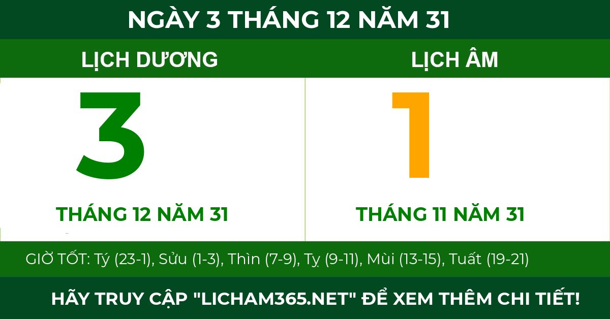 lịch âm ngày 3 tháng 12 năm 31