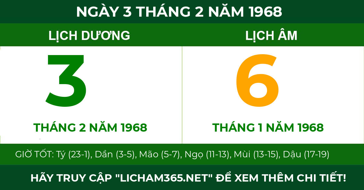 lịch âm ngày 3 tháng 2 năm 1968