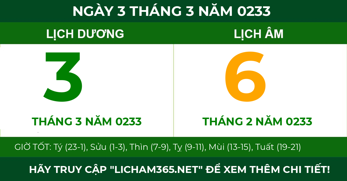 lịch âm ngày 3 tháng 3 năm 0233