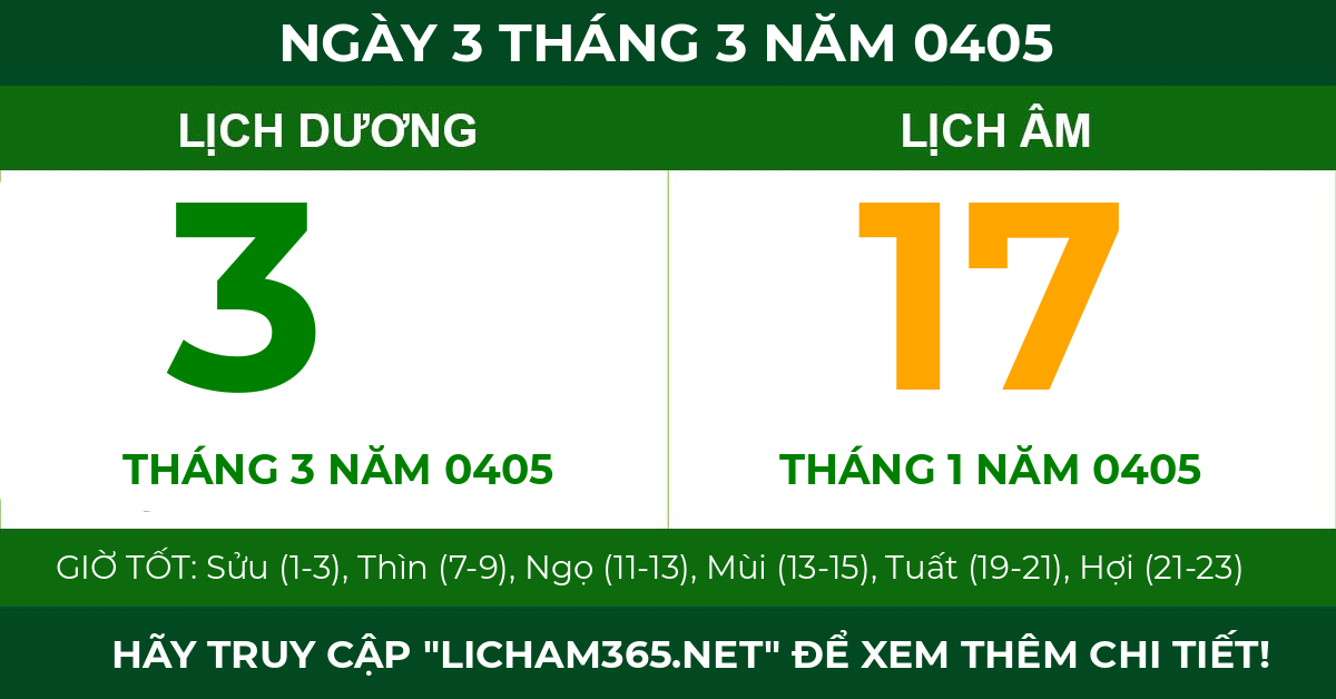lịch âm ngày 3 tháng 3 năm 0405