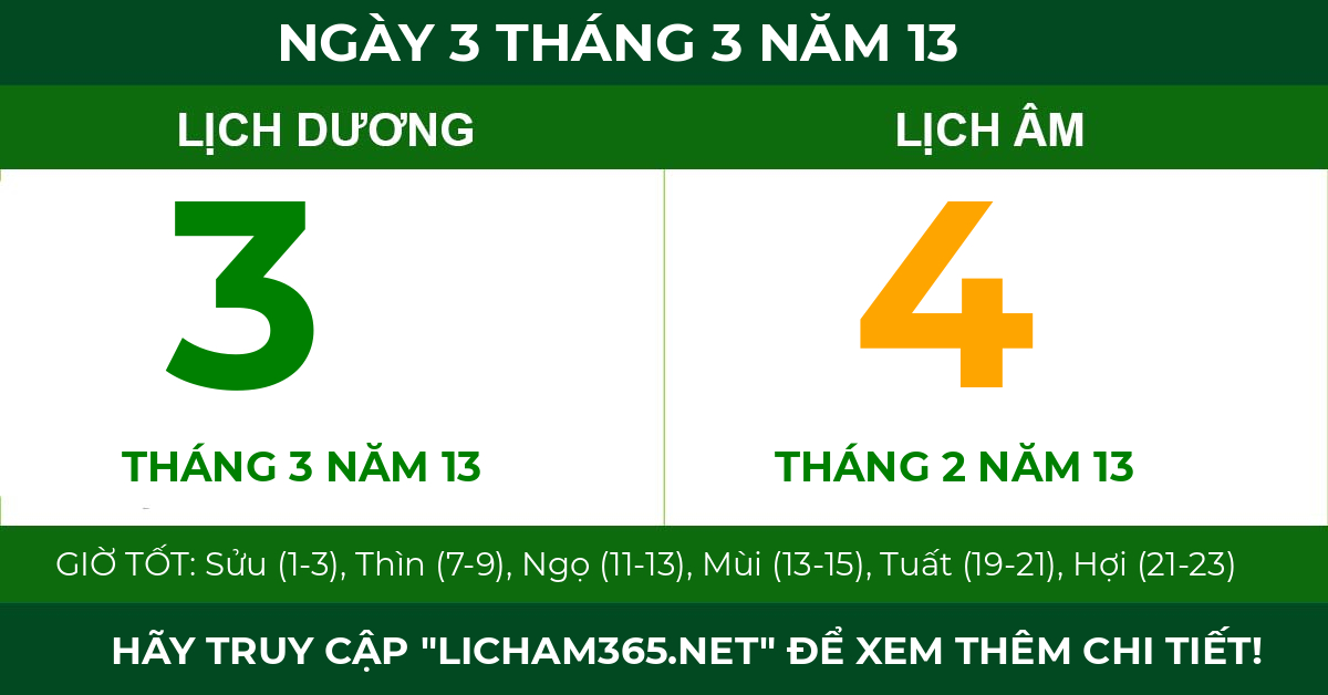 lịch âm ngày 3 tháng 3 năm 13