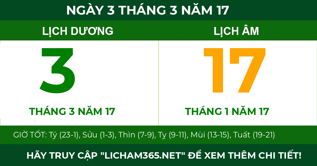 lịch âm ngày 3 tháng 3 năm 17