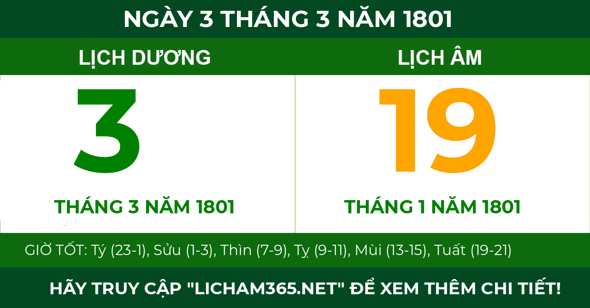 lịch âm ngày 3 tháng 3 năm 1801