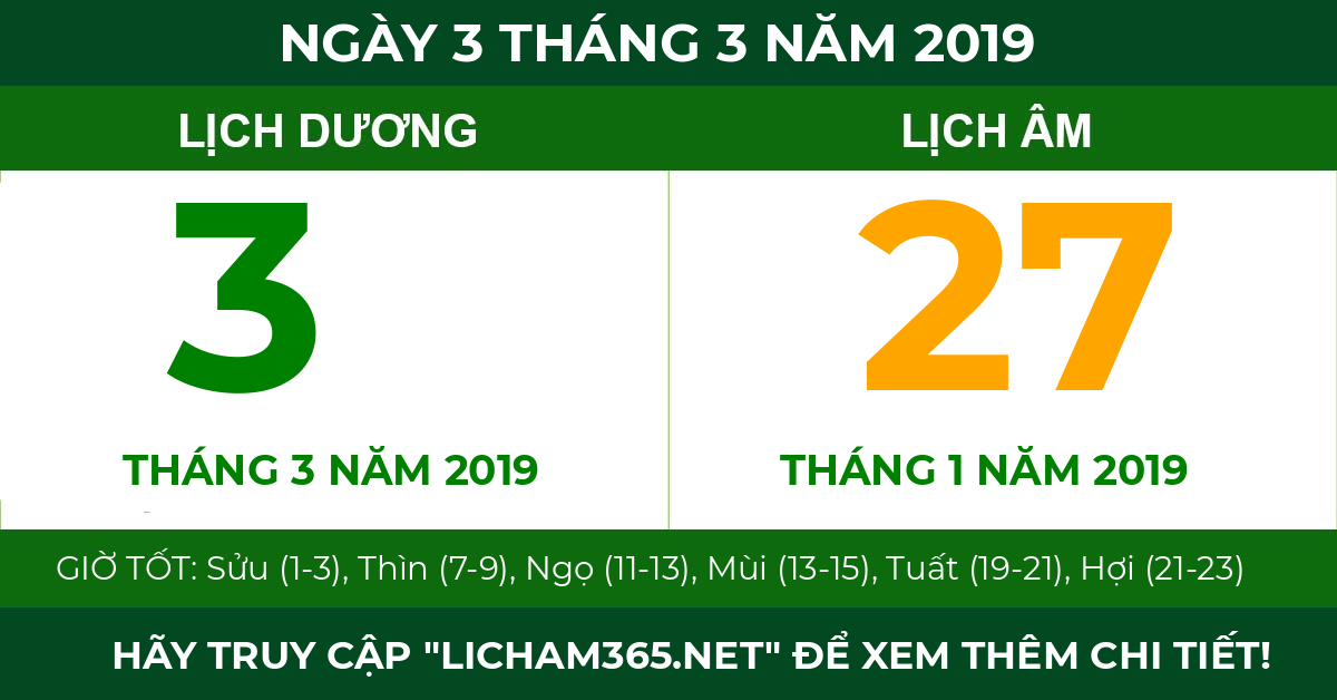 lịch âm ngày 3 tháng 3 năm 2019