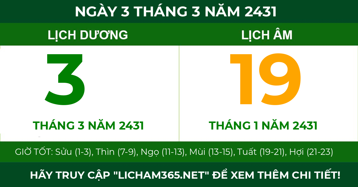 lịch âm ngày 3 tháng 3 năm 2431