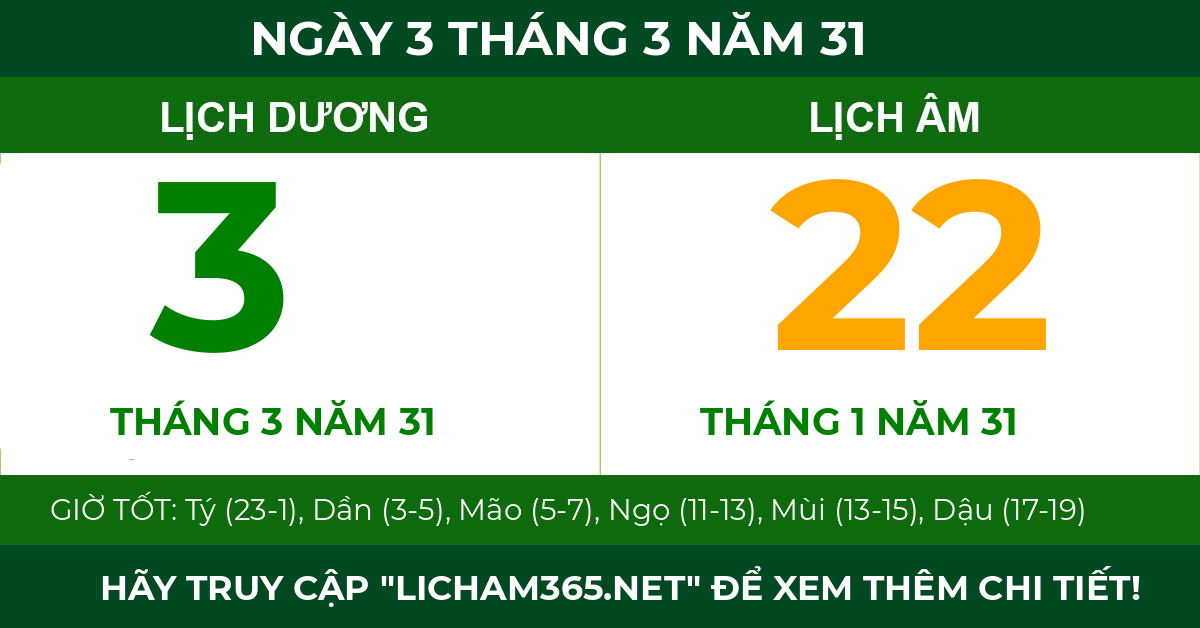 lịch âm ngày 3 tháng 3 năm 31