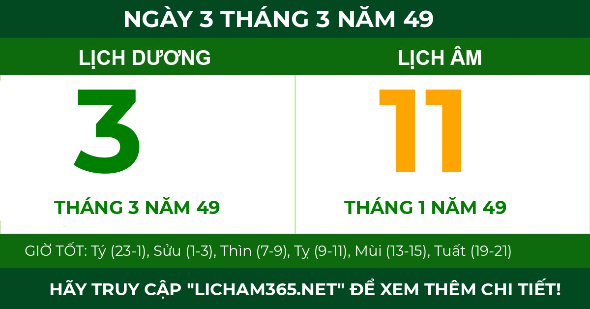lịch âm ngày 3 tháng 3 năm 49
