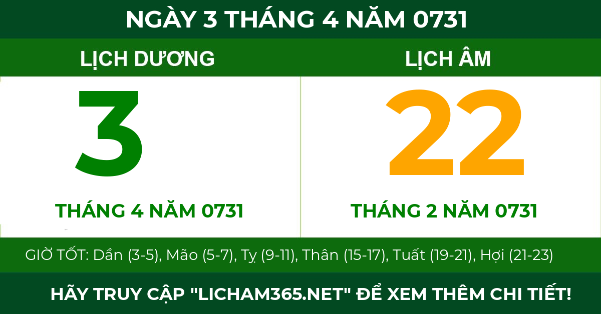 lịch âm ngày 3 tháng 4 năm 0731