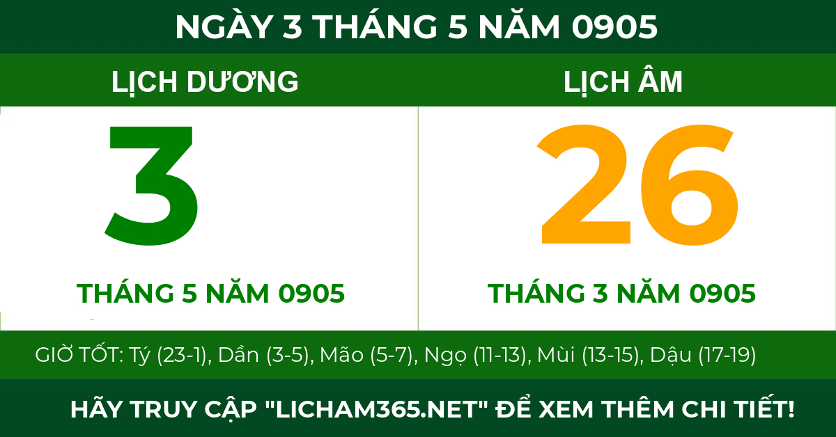 lịch âm ngày 3 tháng 5 năm 0905