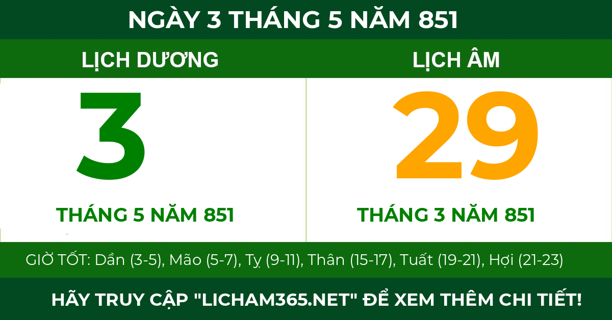 lịch âm ngày 3 tháng 5 năm 851