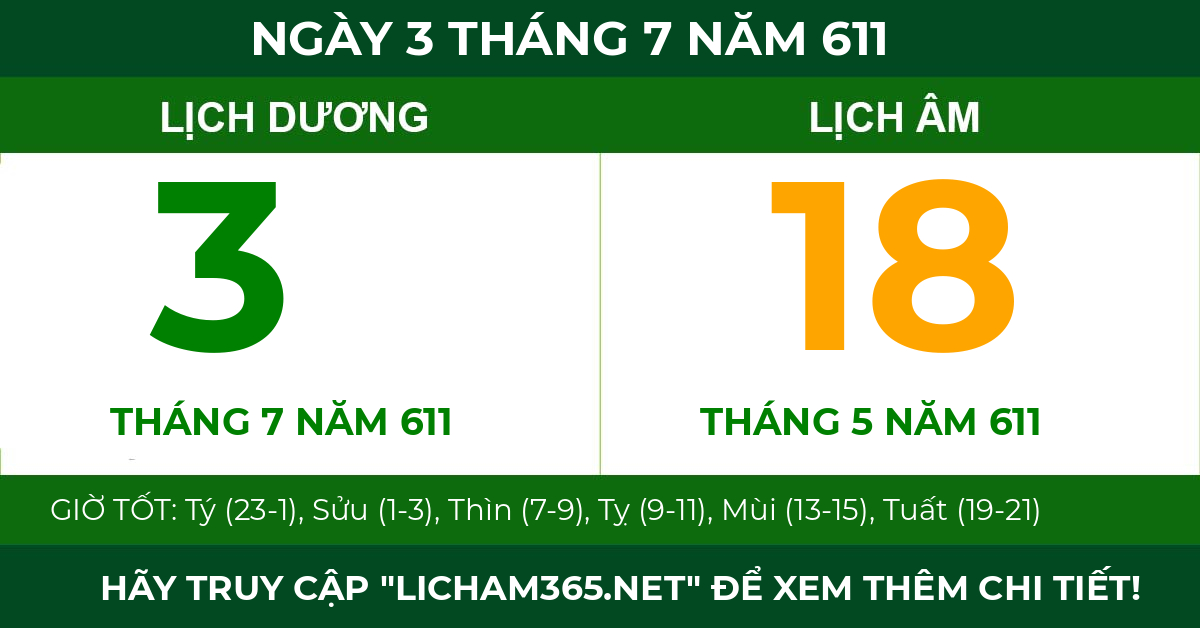 lịch âm ngày 3 tháng 7 năm 611