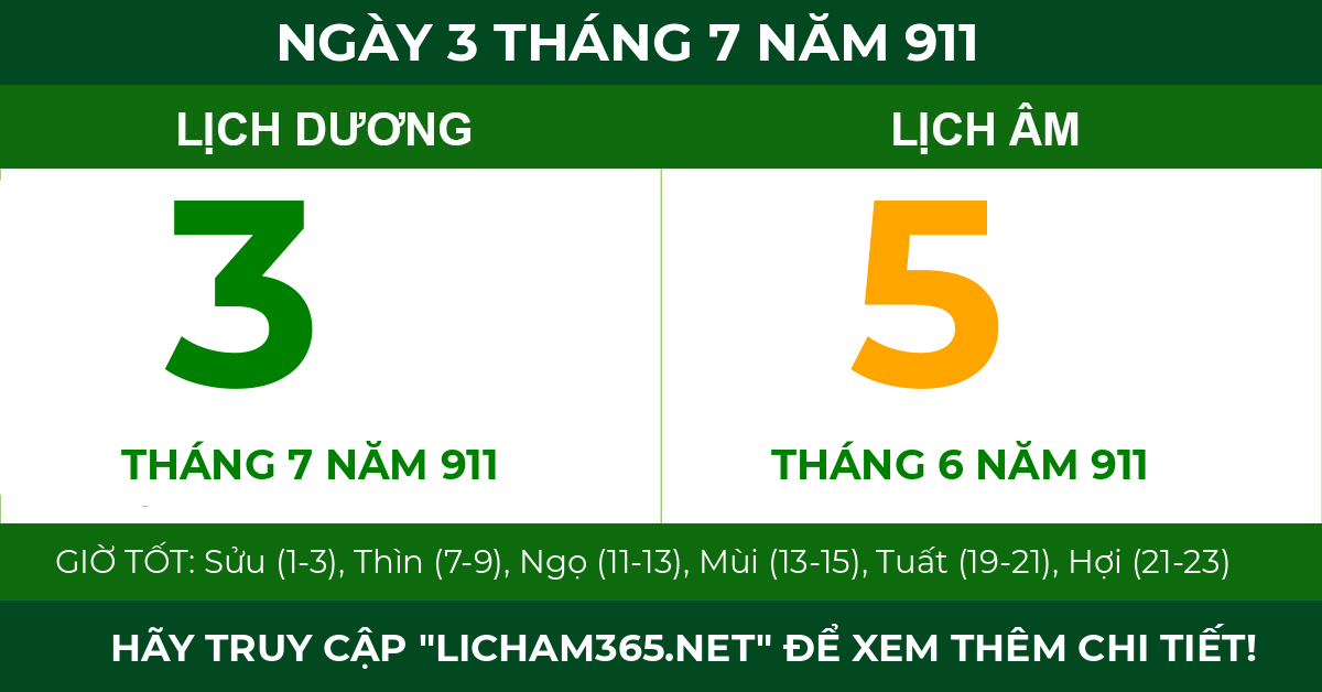 lịch âm ngày 3 tháng 7 năm 911