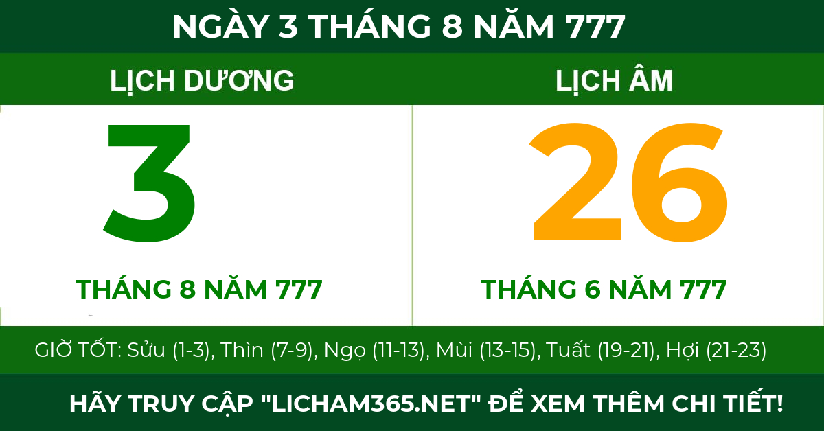 lịch âm ngày 3 tháng 8 năm 777