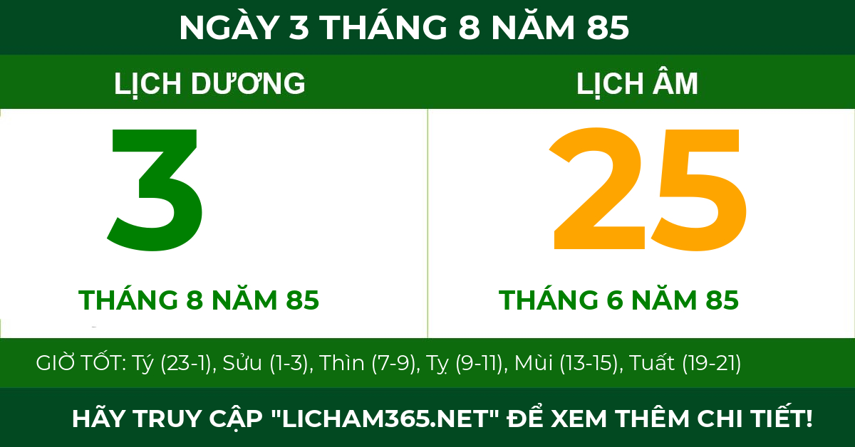lịch âm ngày 3 tháng 8 năm 85