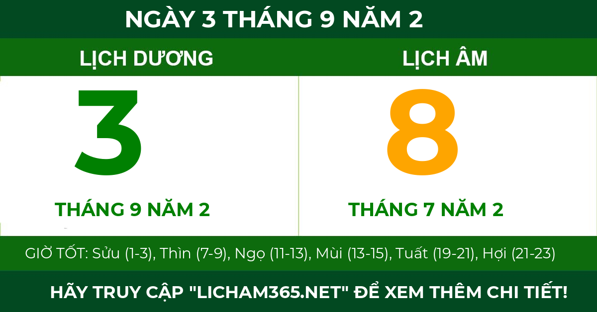 lịch âm ngày 3 tháng 9 năm 2