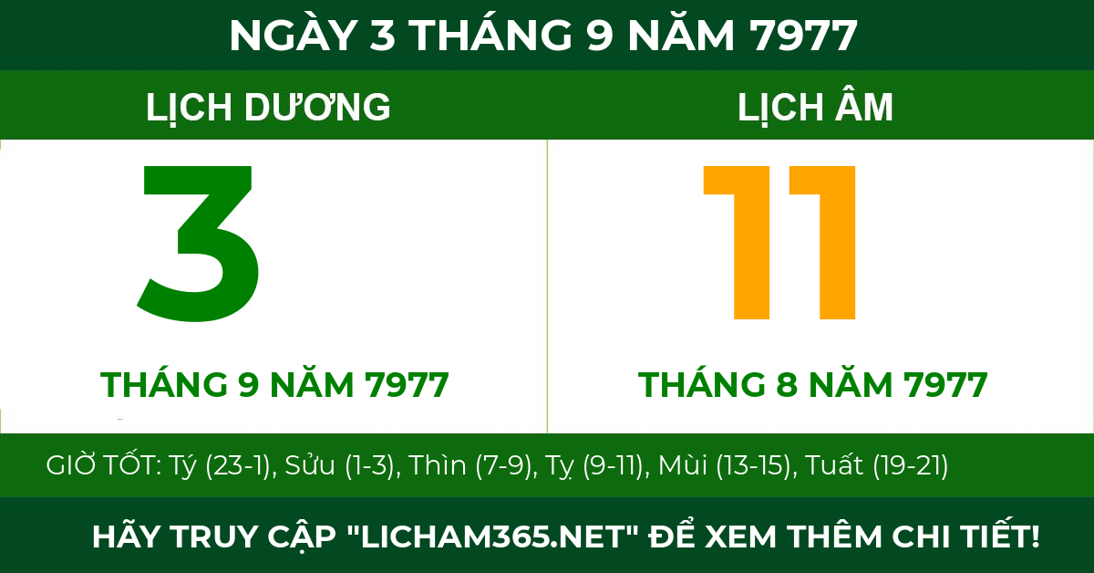 lịch âm ngày 3 tháng 9 năm 7977
