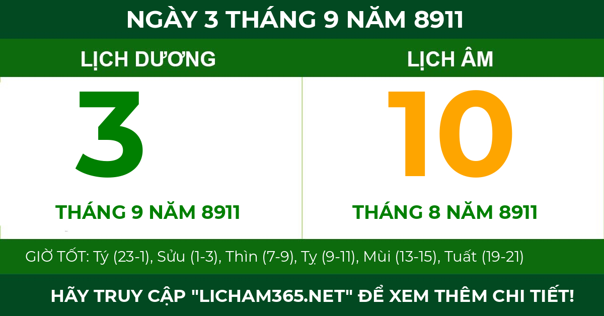 lịch âm ngày 3 tháng 9 năm 8911