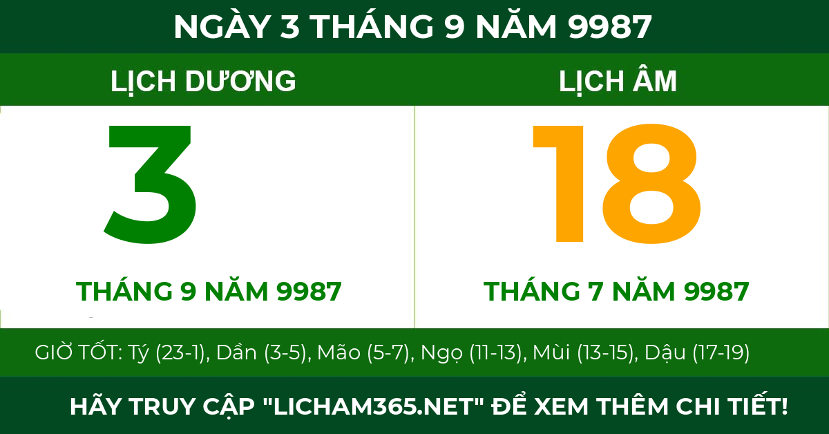 lịch âm ngày 3 tháng 9 năm 9987