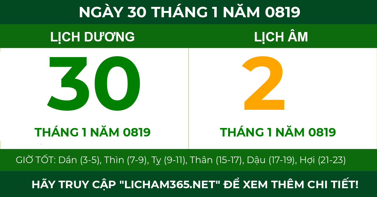 lịch âm ngày 30 tháng 1 năm 0819