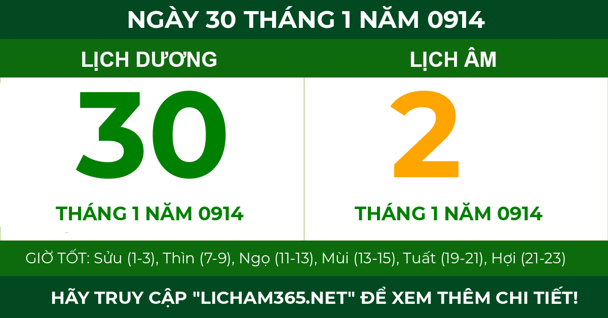 lịch âm ngày 30 tháng 1 năm 0914