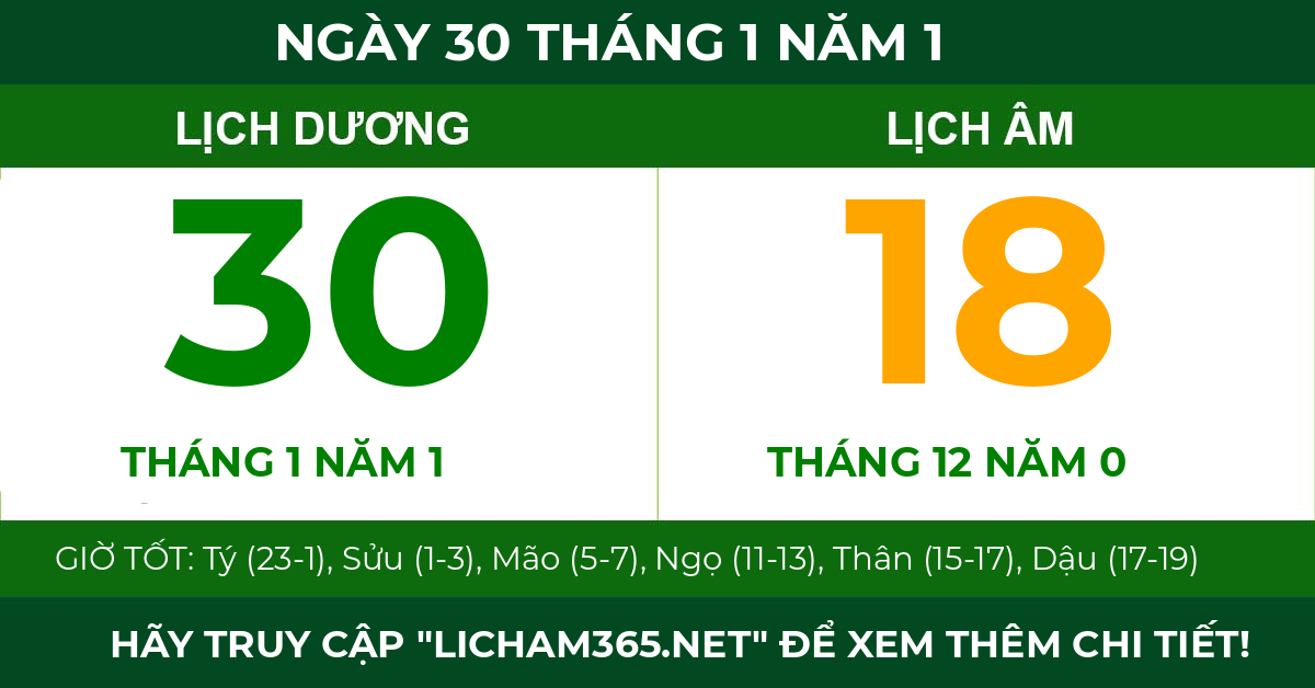 lịch âm ngày 30 tháng 1 năm 1