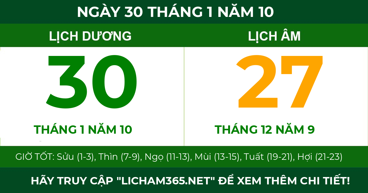 lịch âm ngày 30 tháng 1 năm 10