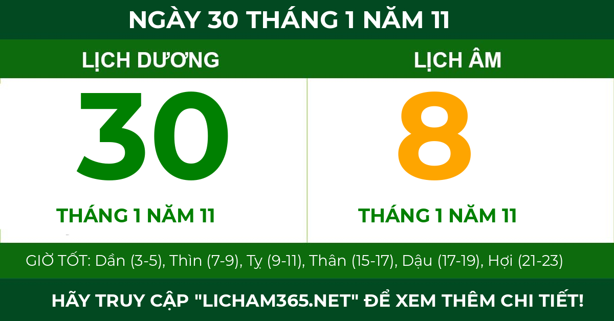 lịch âm ngày 30 tháng 1 năm 11