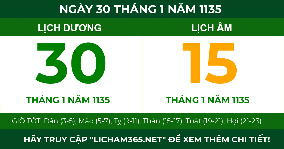 lịch âm ngày 30 tháng 1 năm 1135