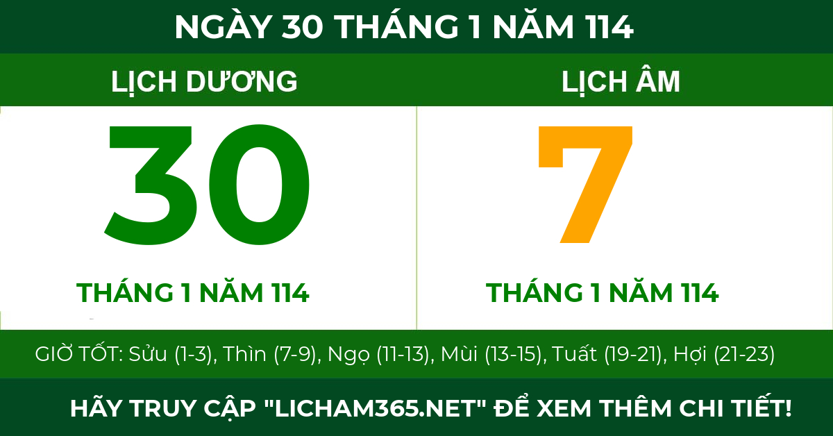 lịch âm ngày 30 tháng 1 năm 114