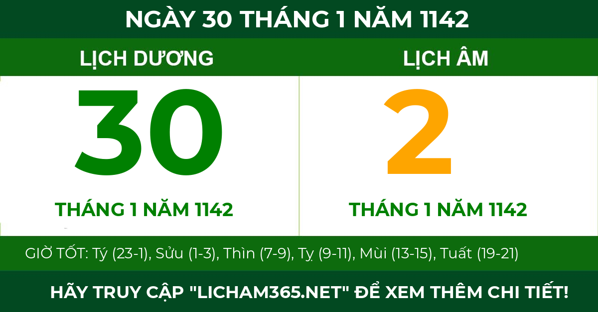 lịch âm ngày 30 tháng 1 năm 1142