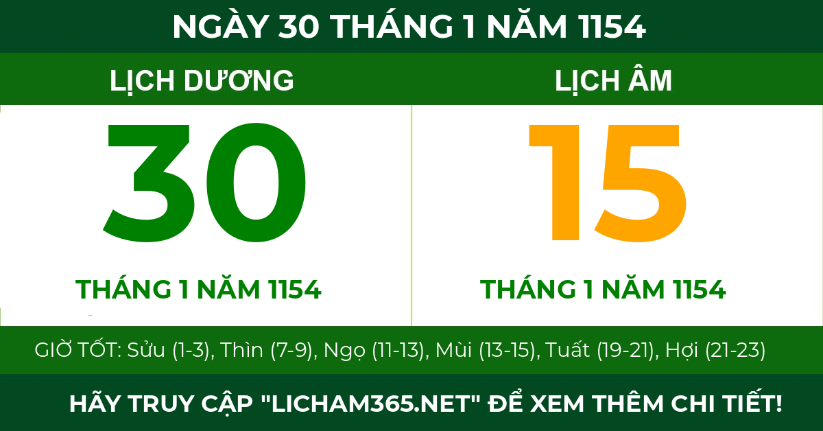 lịch âm ngày 30 tháng 1 năm 1154