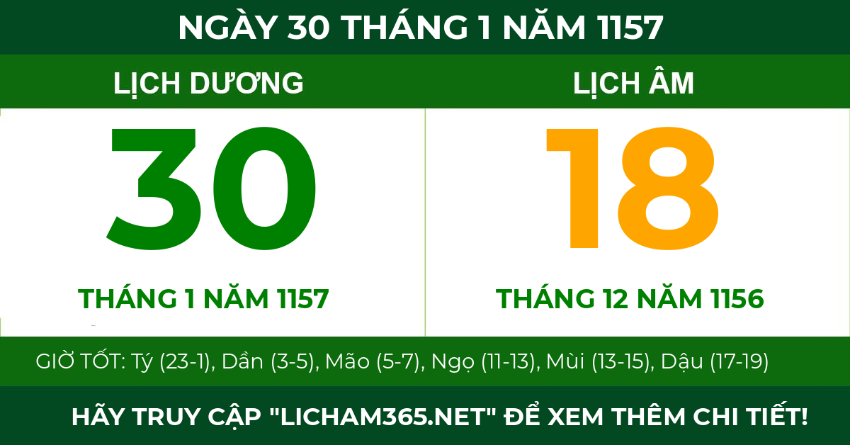 lịch âm ngày 30 tháng 1 năm 1157