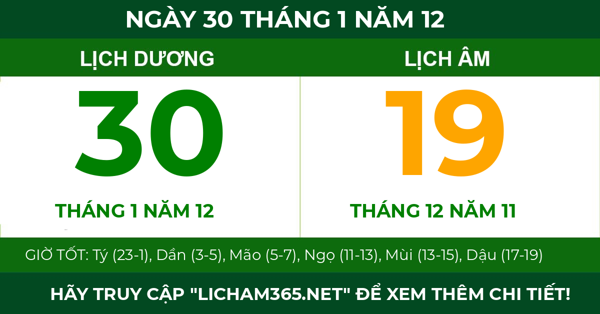 lịch âm ngày 30 tháng 1 năm 12