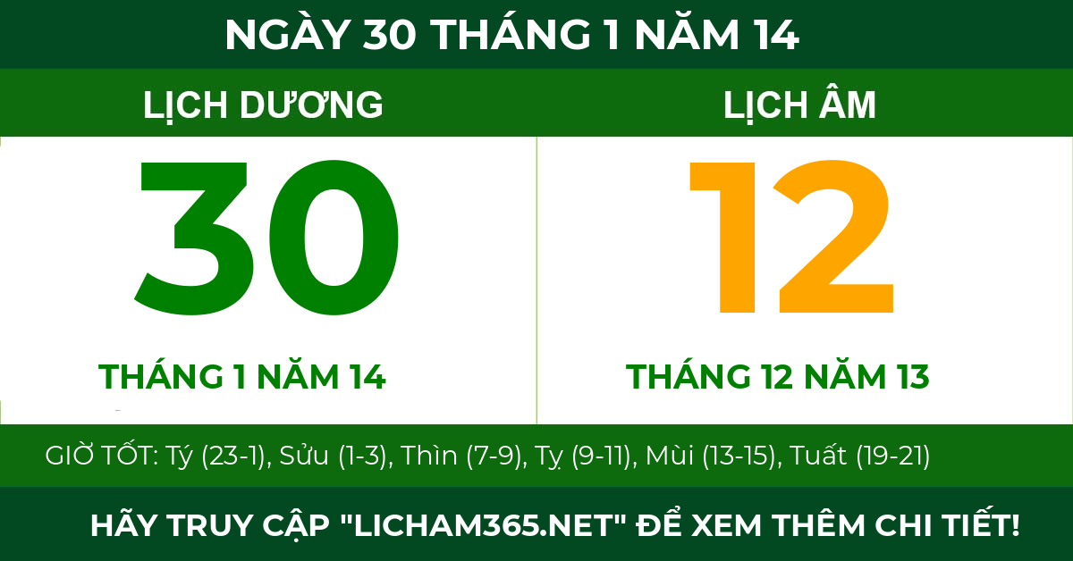 lịch âm ngày 30 tháng 1 năm 14
