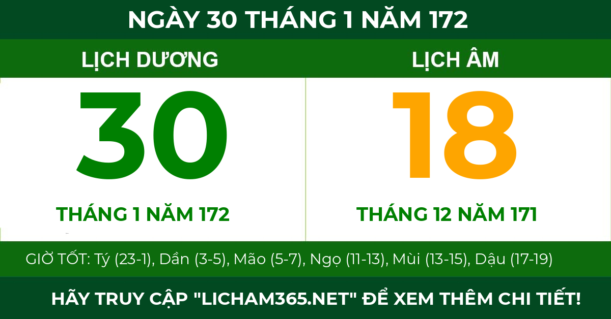 lịch âm ngày 30 tháng 1 năm 172