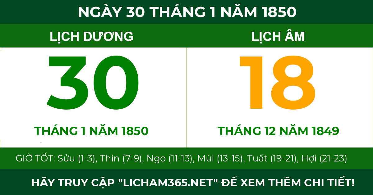 lịch âm ngày 30 tháng 1 năm 1850