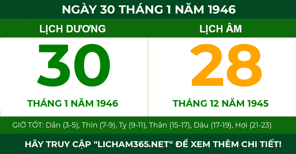 lịch âm ngày 30 tháng 1 năm 1946