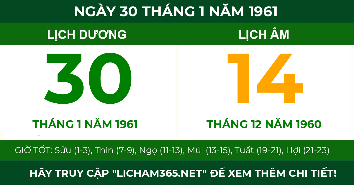 lịch âm ngày 30 tháng 1 năm 1961