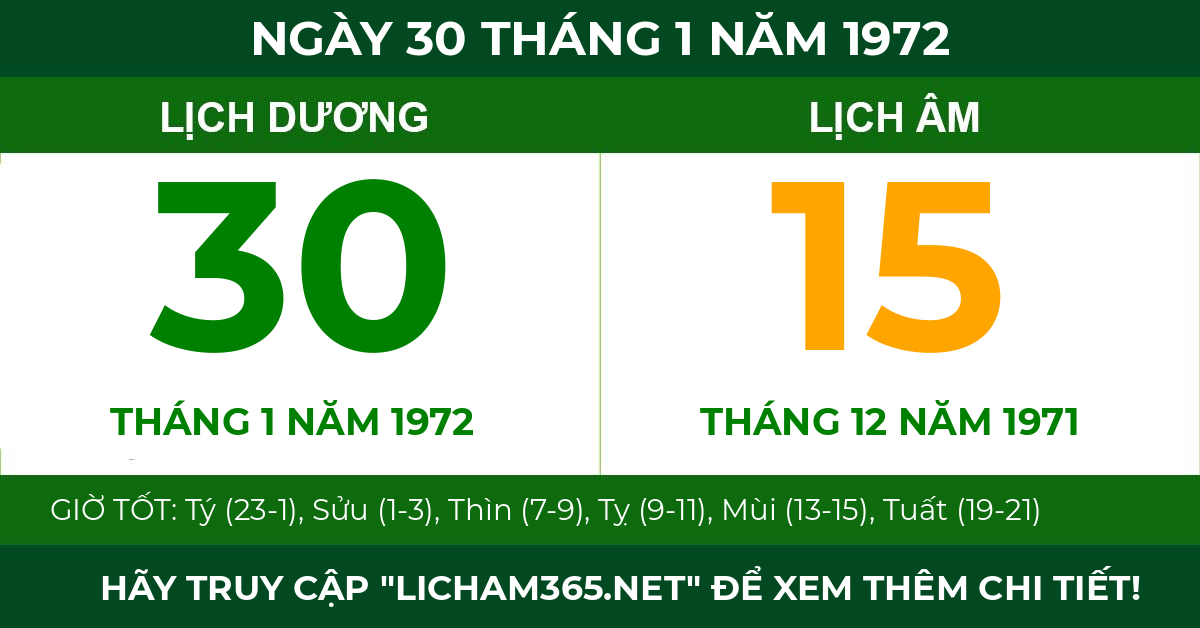 lịch âm ngày 30 tháng 1 năm 1972
