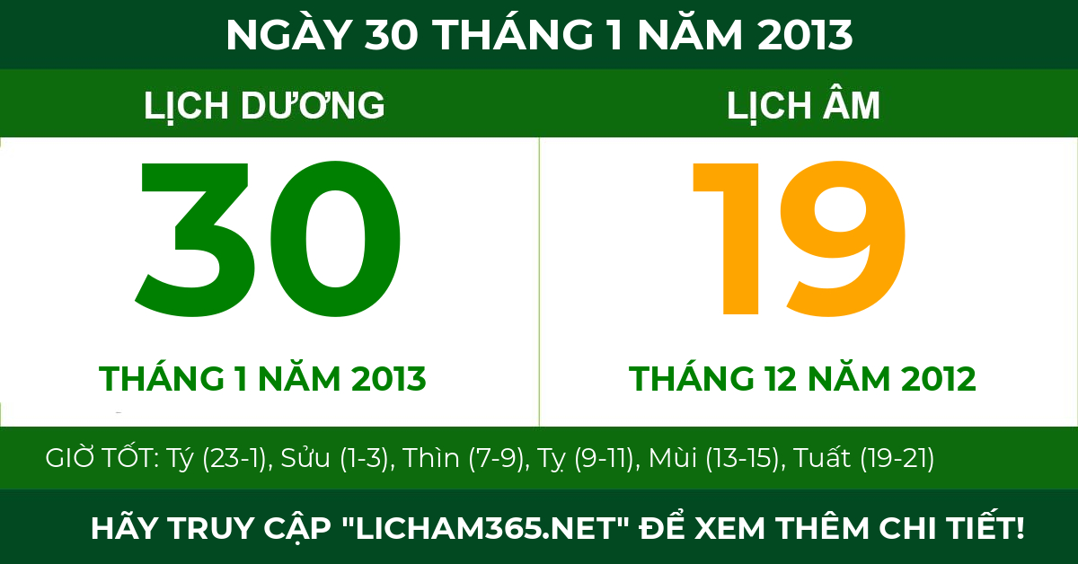 lịch âm ngày 30 tháng 1 năm 2013