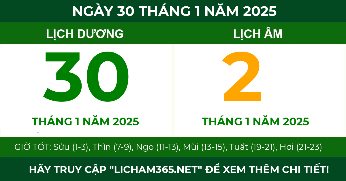 lịch âm ngày 30 tháng 1 năm 2025