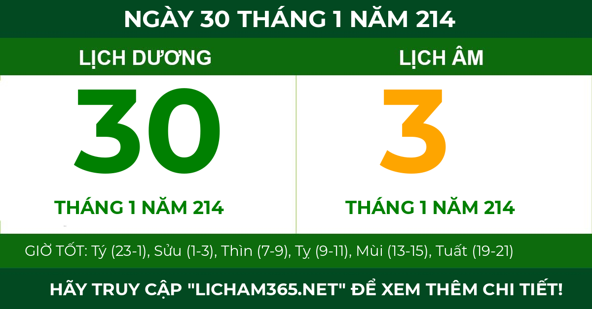 lịch âm ngày 30 tháng 1 năm 214