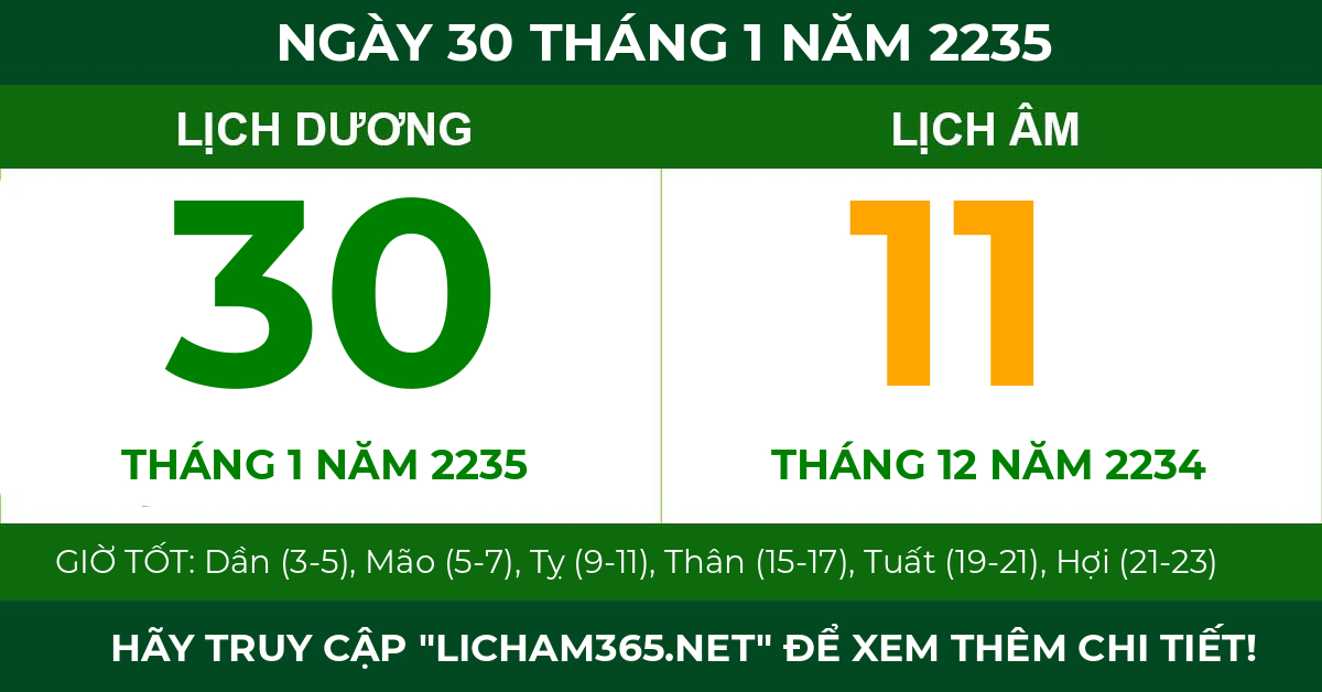 lịch âm ngày 30 tháng 1 năm 2235