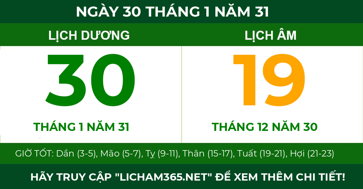 lịch âm ngày 30 tháng 1 năm 31