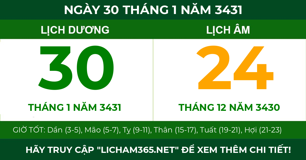 lịch âm ngày 30 tháng 1 năm 3431