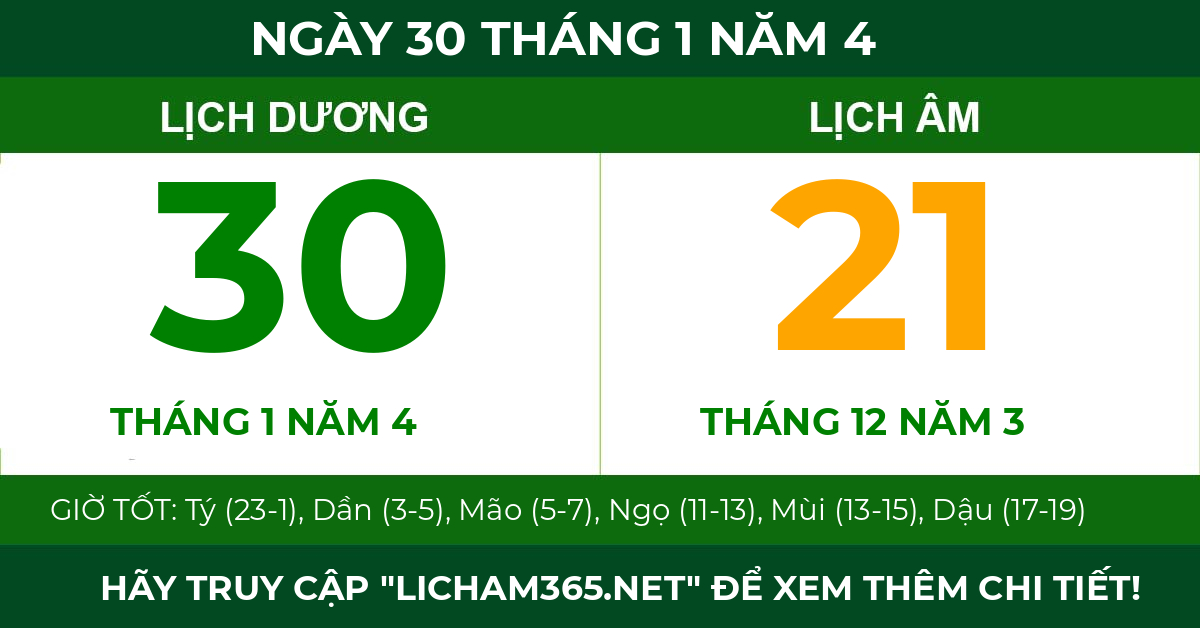 lịch âm ngày 30 tháng 1 năm 4
