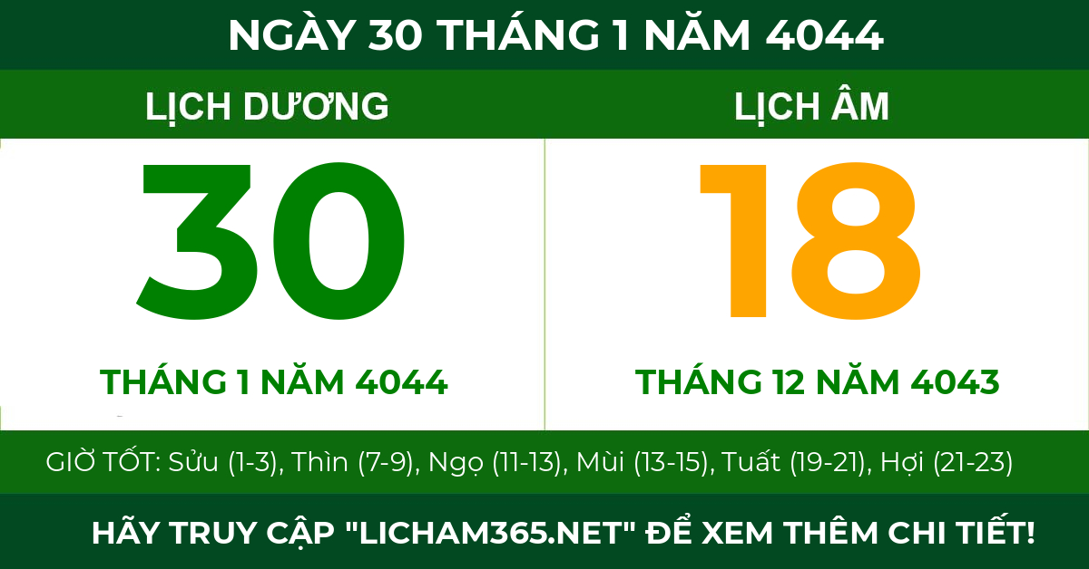 lịch âm ngày 30 tháng 1 năm 4044