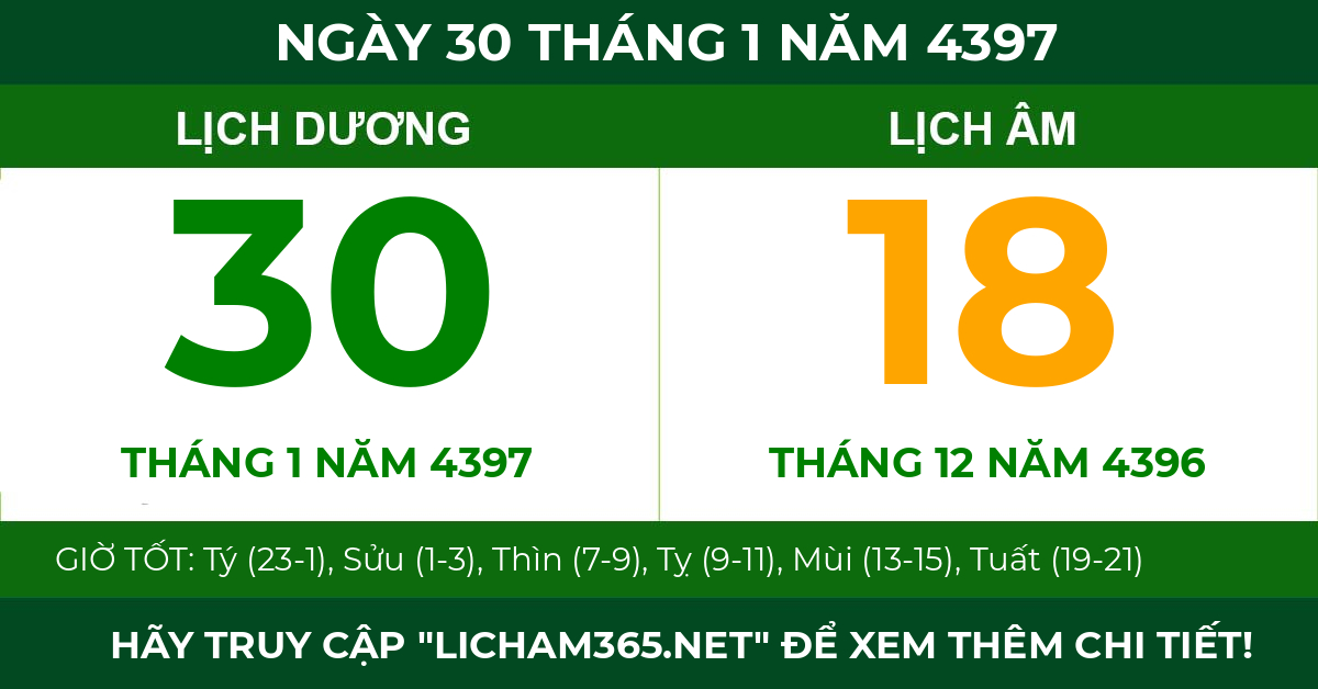 lịch âm ngày 30 tháng 1 năm 4397