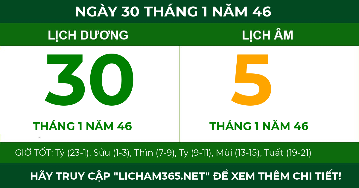 lịch âm ngày 30 tháng 1 năm 46