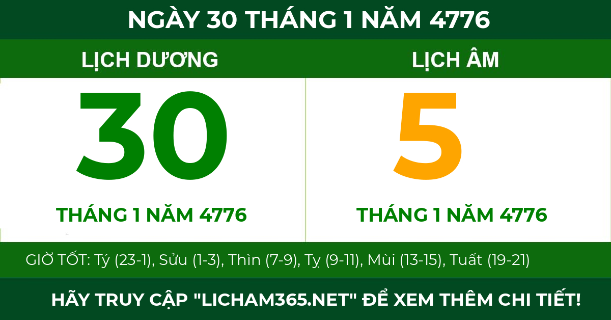 lịch âm ngày 30 tháng 1 năm 4776